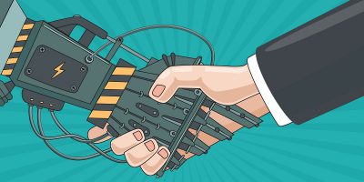 robot arm handshake human business illustration