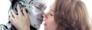 A beautiful woman kissing male robot with love