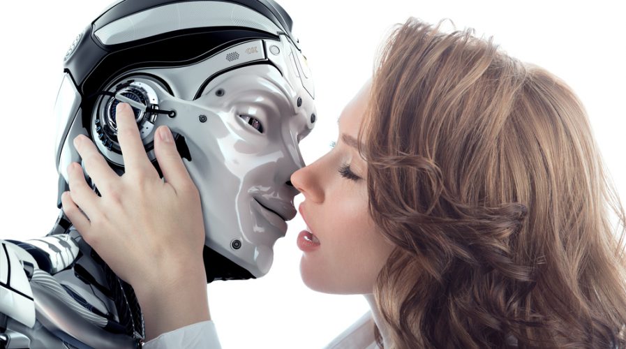 A beautiful woman kissing male robot with love