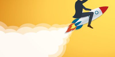 Businessman Flying with a Rocket to Success