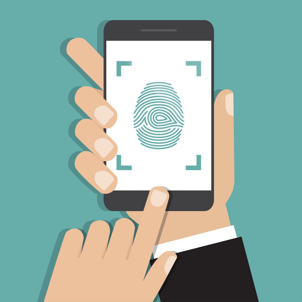 Hand holding smartphone with finger print