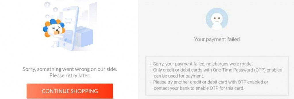 Payment gateway error messages from Lazada and Shopee. Source: iPrice