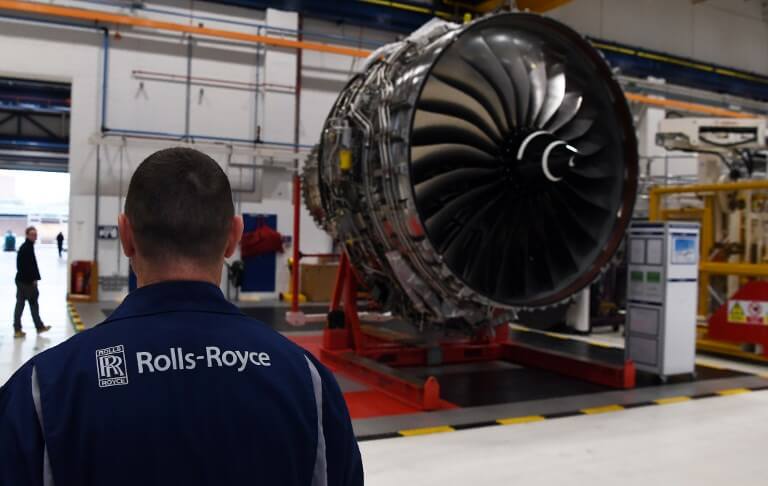 Rolls Royce Trent XWB engines on view on the assembly line at the Rolls Royce factory Source: Paul Ellis / POOL / AFP
