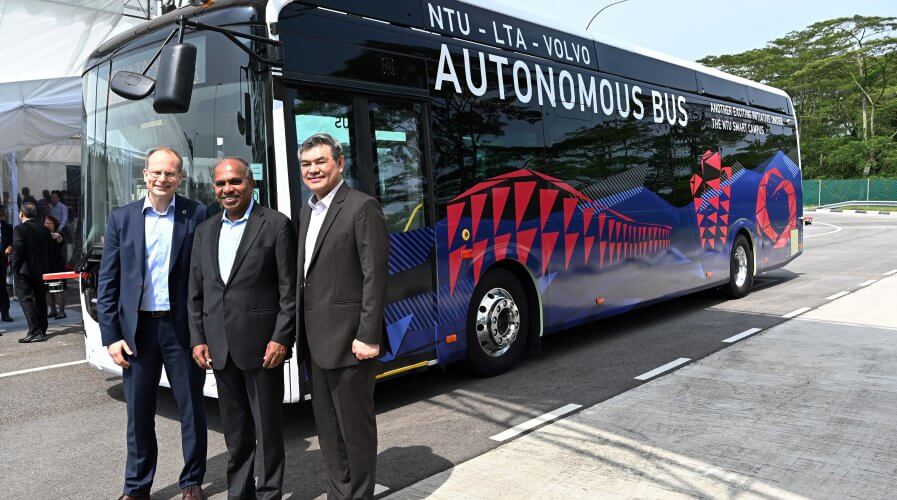 Nanyang Technological University, Volvo Buses, and Land Transport Authority launch world's first full-size autonomous bus in Singapore. Source: AFP