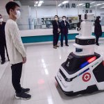 A patrol robot used to check temperatures, identities and disinfect people in Shenyang in China. The hospital uses the robot to reduce the pressure on front-line medical staff.
