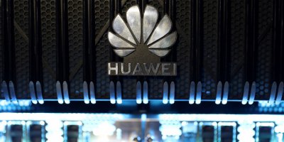 A logo is pictured on a Huawei NetEngine 8000 Intelligent Metro Router during a 5G event in London, 2020