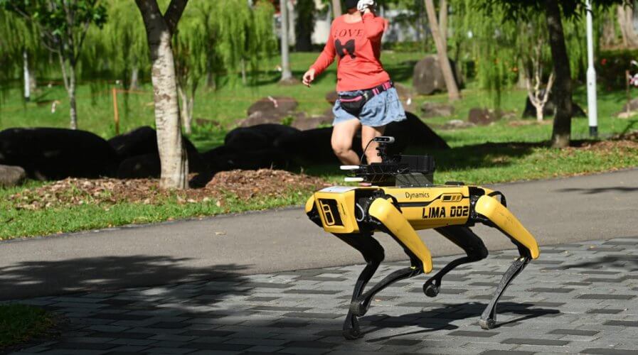 Boston Dynamics Robot Spot in a park in Singapore, broadcasting a recorded message reminding people to observe safe distancing.