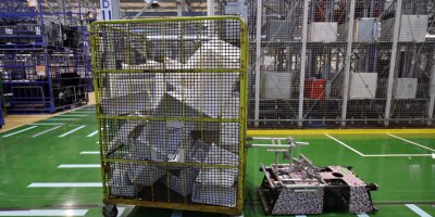 A robot carrying disassembled parts at a Panasonic recycling factory in Inashiki, Japan.