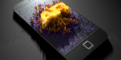 A 3D render of a modern generic smart phone screen emanating small pixels at random that build up to form and illuminate the word Augmented Reality