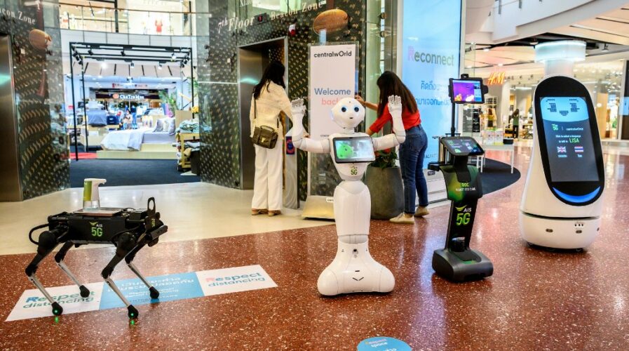 Powered by Huawei Thailand infrastructure, 5G robots welcome visitors to a shopping mall in Bangkok , as sectors of the economy reopen