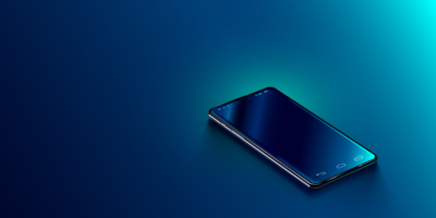 Modern black smart phone lies on a smooth dark blue surface or table in perspective view. Realistic vector illustration isometric smartphone. New shiny mobile cellphone with reflection on the screen