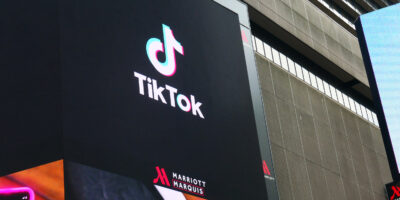 TikTok logo on a big screen. TikTok/Douyin is a Chinese video-sharing social networking service owned by ByteDance, a Beijing-based Internet technology company.