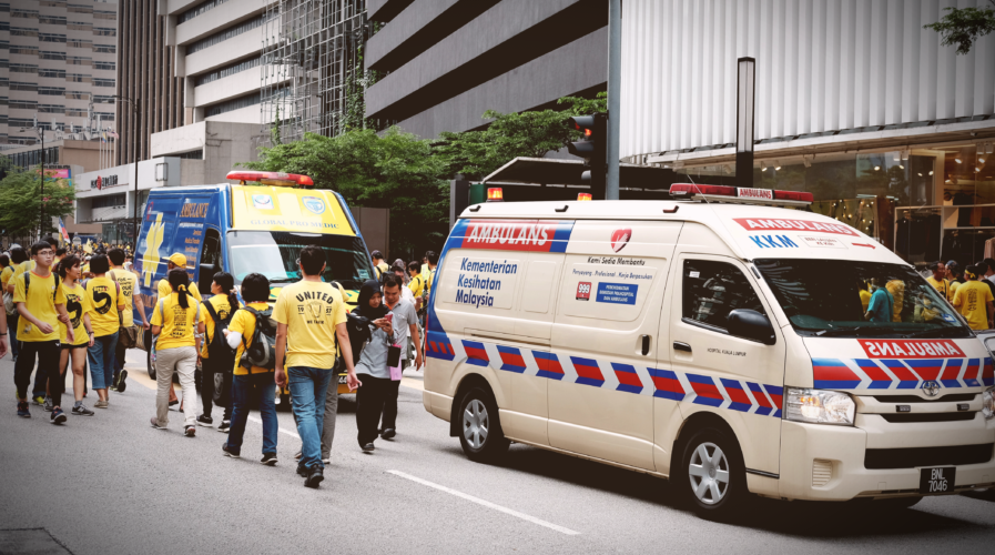 Ambulance at the Malaysia rally organized by BERSIH, the coalition for clean and fair election in Jalan Ampang, Kuala Lumpur, Malaysia.