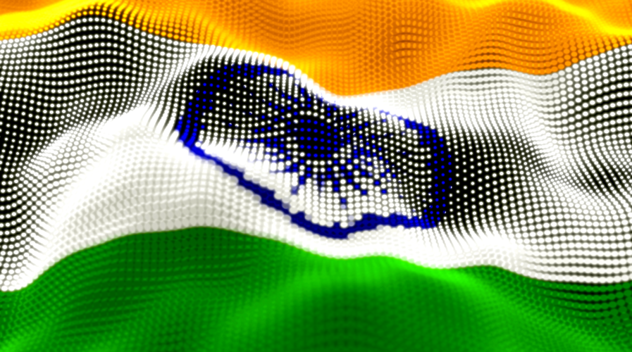 Abstract glowing particle wavy surface with India flag texture. 3D illustration