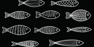 Set of vector stylized fishes. Collection of aquarium fish. Linear Art. Illustration for children.