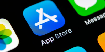 Apple store application icon on Apple iPhone X smartphone screen close-up. Mobile application icon of app store. Social network. AppStore