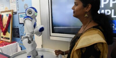 Talking robot "Bro" at a digital banking branch of Canara Bank in New Delhi, India
