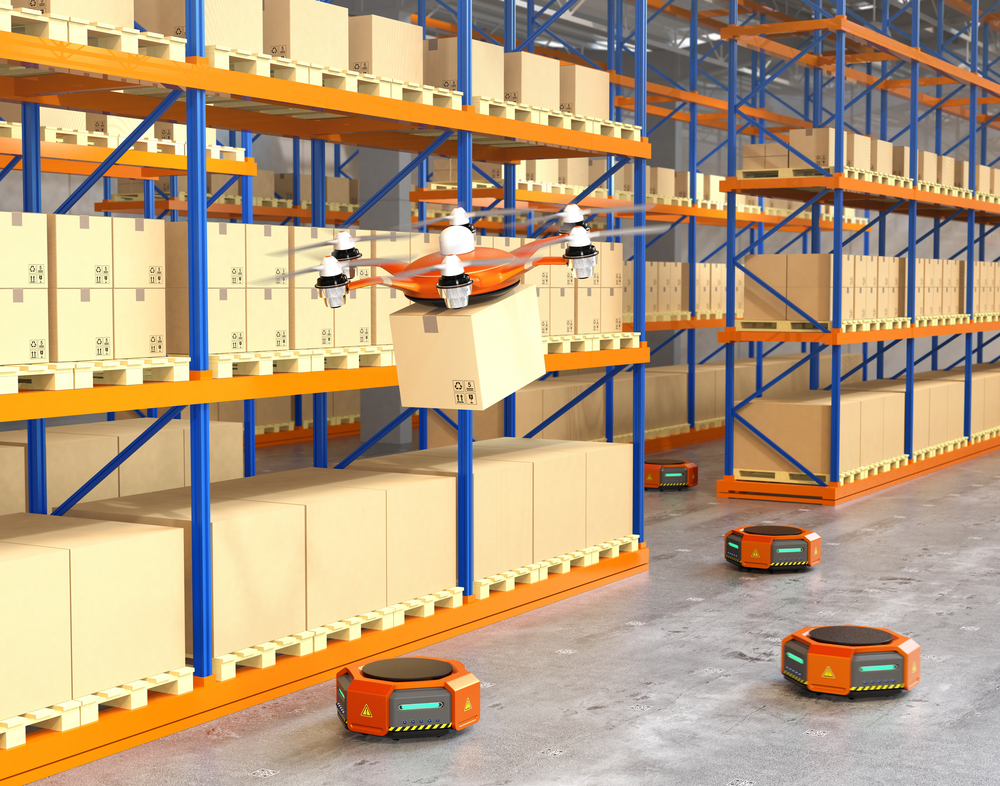 A micro fulfillment center can increase efficiency with robots that pick out items from storage aisles and shuttle them to packing staff