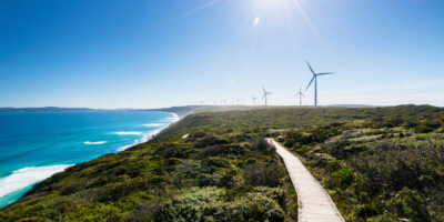 Wind farms are one of the renewable energy sources produced in land-rich Australia. Pictured is the well-known Albany wind farm in Albany, Western Australia. (IMG/Shutterstock)