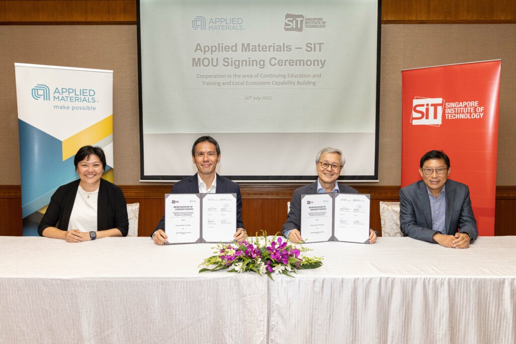 The signing ceremony between Applied Materials South East Asia and Singapore Institute of Technology (SIT) was attended by key representatives (From L-R) Ms Tan Lee Sar, Managing Director, HR Business Partner Regional Lead, Applied Materials South East Asia; Mr Brian Tan, Regional President and Vice President, Applied Global Services; Prof Chua Kee Chaing, SIT President; and Mr Bernard Nee, VP (Industry & Community), SIT. 