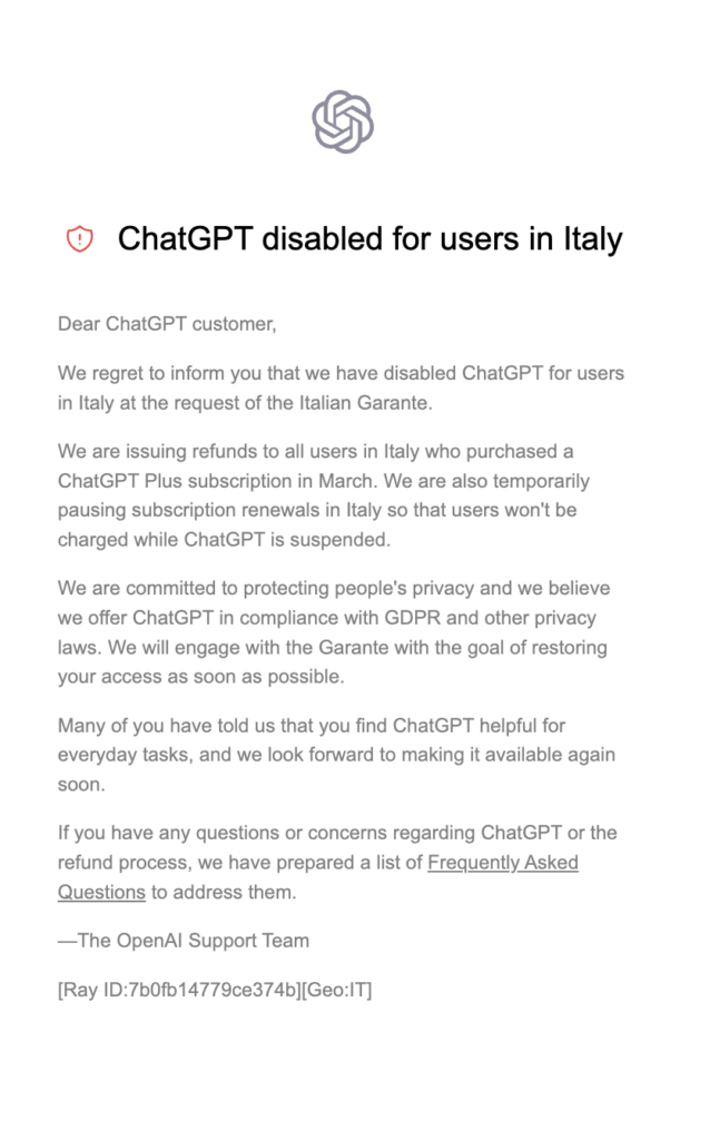 OpenAI "regrets" to inform users that it has disabled access to users in Italy — at the "request" of the data protection authority.