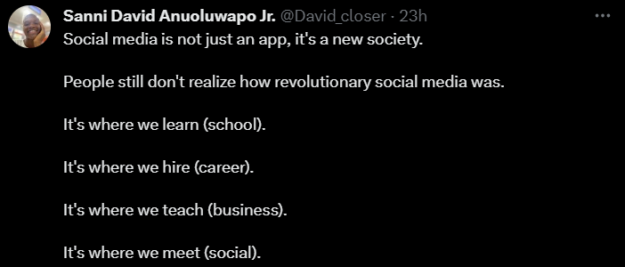 Twitter user expresses how social media revolutionizes the world - for school, career, and social.