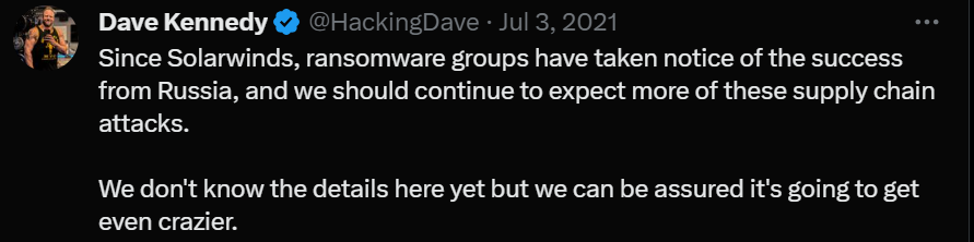 A Twitter user commented on SolarWinds' ransomware & cybersecurity incident.