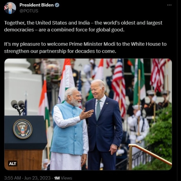 President Biden's welcome tweet for Prime Minister Narendra Modi.Source: Biden's Twitter