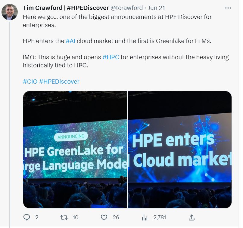 Twitter screenshot of HPE Greenlake announcement. 