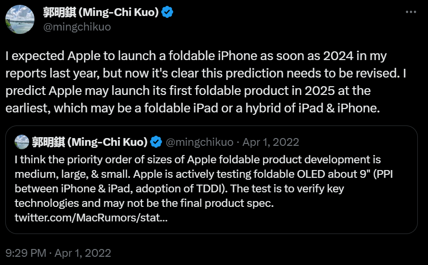 A Twitter user expects Apple to launch its foldable phones as soon as 2024.