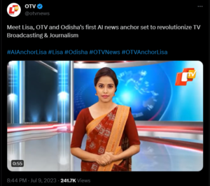 奧裡薩邦第一位人工智慧新聞主播。來源：推特