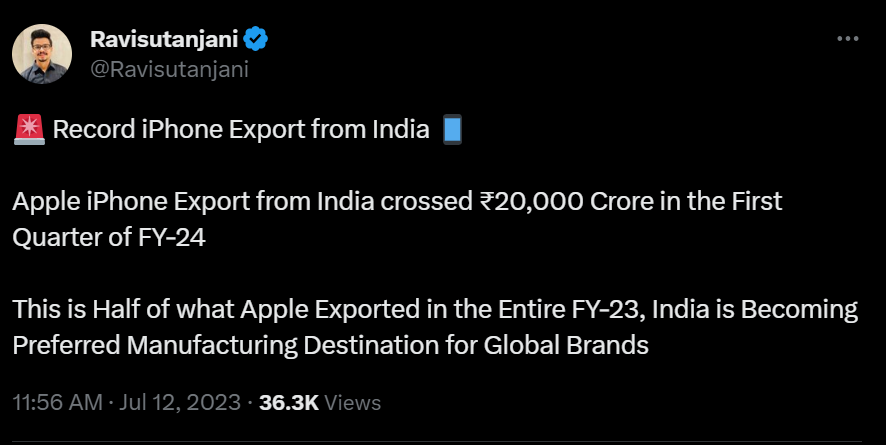 Record iPhone Export from India. Source: Twitter