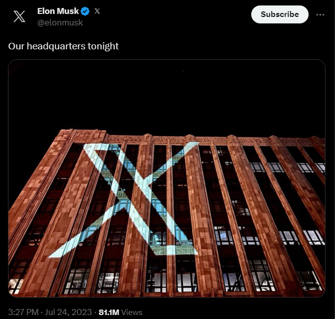 The headquarters of Twitter projected with its new logo. Source: Elon Musk's Twitter