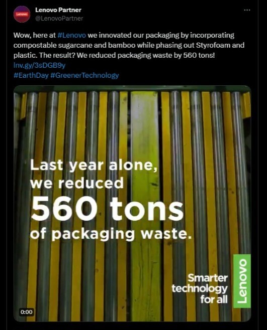 What is circular economy for Lenovo? It is innovating packaging by incorporating compostable sugarcane and bamboo while phasing out Styrofoam and plastic.Source: Lenovo's Twitter