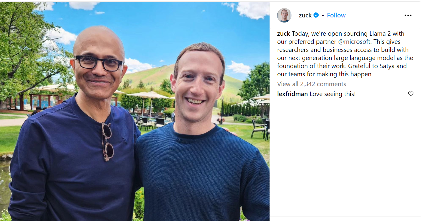 Meta and Microsoft's collaboration gives researchers and businesses access to build with our next generation large language model as the foundation of their work. Source: Mark Zuckerberg's Instagram