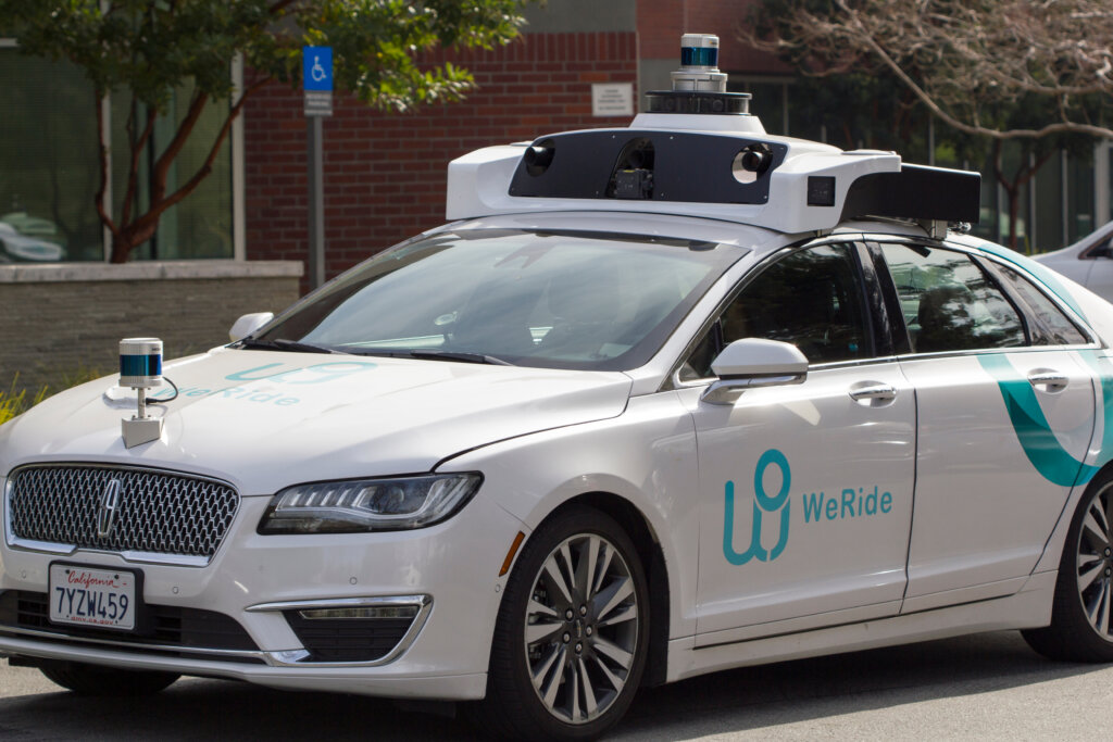 Chinese self-driving startup WeRide branded autonomous vehicles seen undergoing testing at the company's San Jose corporate campus in the Silicon Valley, California.