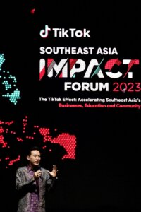 TikTok CEO Shou Zi Chew delivers his opening speech during the TikTok Southeast Asia Impact Forum 2023 in Jakarta on June 15, 2023. (Photo by BAY ISMOYO / AFP)