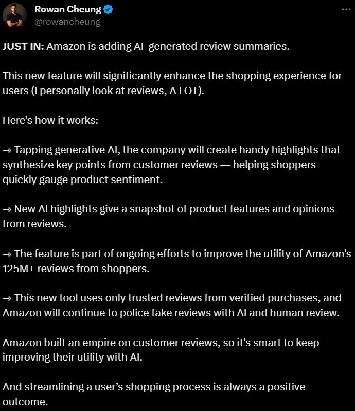 @rowancheung tweeted on how Amazon's new AI-generated review summaries work - adding on to its portfolio of generative AI applications.