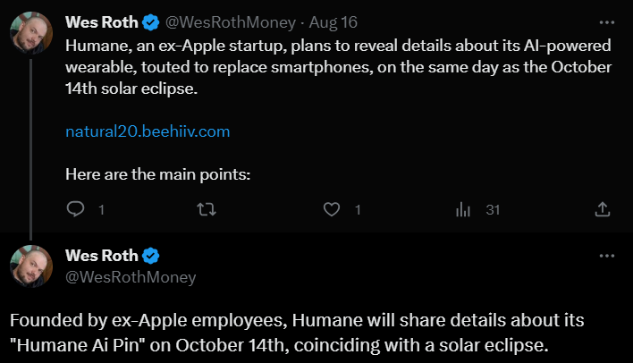 @WesRothMoney tweeted about how Humane's Ai Pin will replace smartphones - the future of AI.
