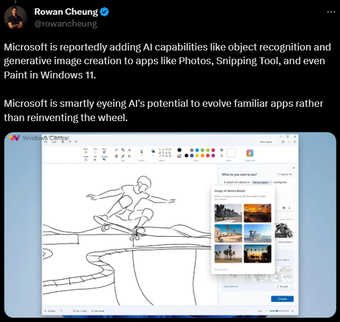 Microsoft is reportedly adding AI capabilities like object recognition and generative image creation to apps in Windows 11.