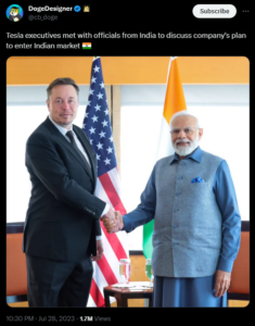 Tesla CEO Elon Musk meets with India Prime Minister Narendra Modi.