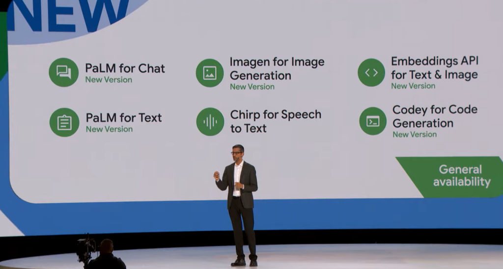 Sundar Pichai, Google CEO speaking at Google Cloud Next 2023. 