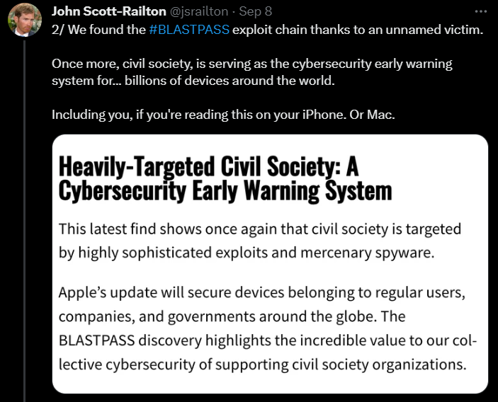John Scott-Railton took to X to let users know about the new zero-click exploit chain - apple security alert.