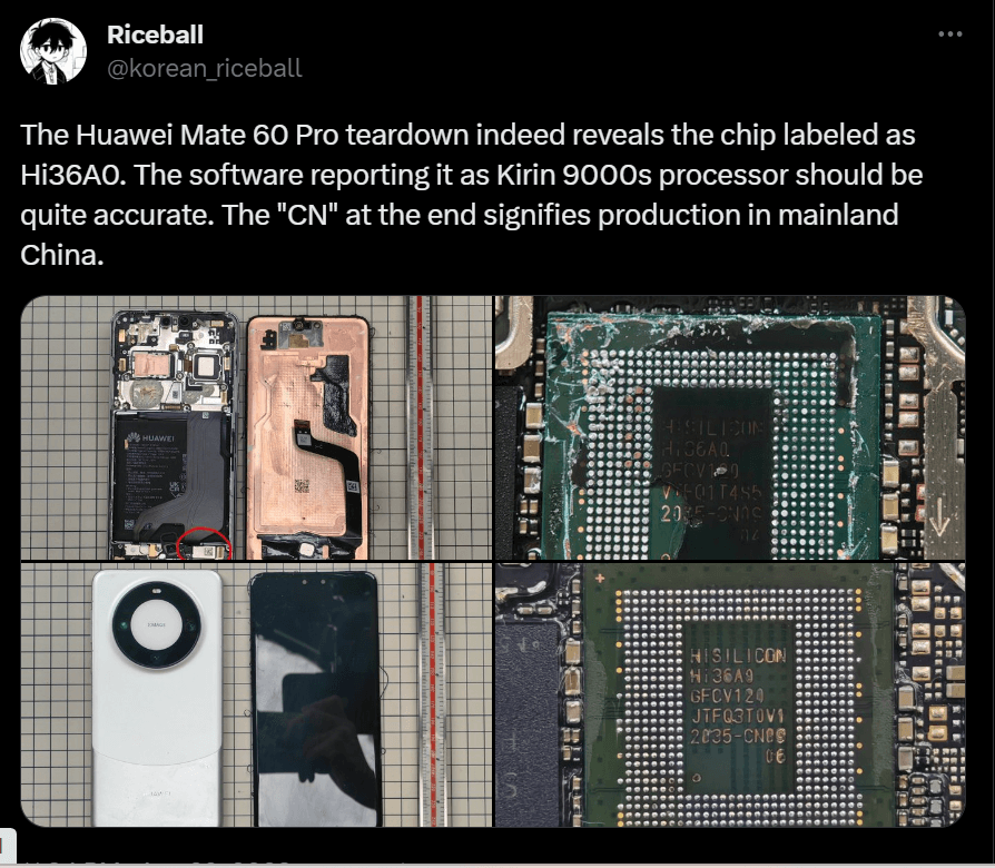 The Huawei Mate 60 Pro teardown proves the speculation to be right - China can deliver a high-spec chip domestically. Source: Twitter