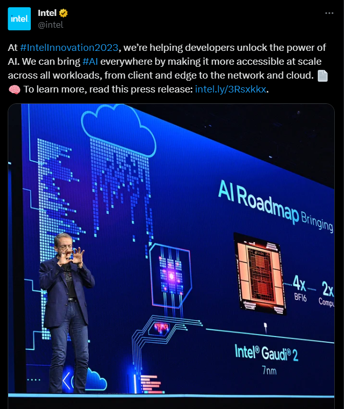 Gelsinger showed how Intel is bringing AI capabilities across its hardware products and making it accessible on a PC through open, multi-architecture software solutions. Source: Intel's X