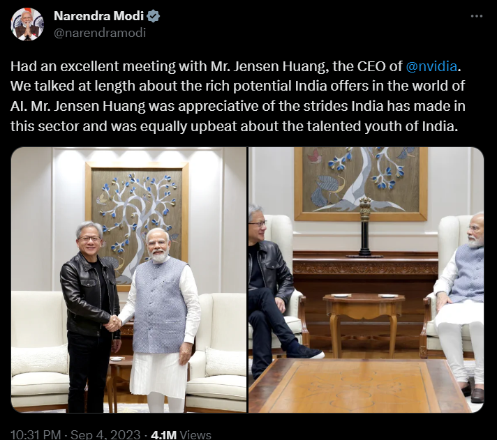 Prime Minister of India, Narendra Modi's meeting with Nvidia CEO Jensen Huang. Source: Modi's X