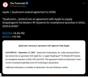 Qualcomm announces agreement with Apple for chip supply. Source: X