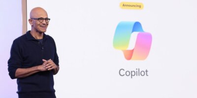 Microsoft's Satya Nadella delivers his keynote remarks on Microsoft Copilot AI.