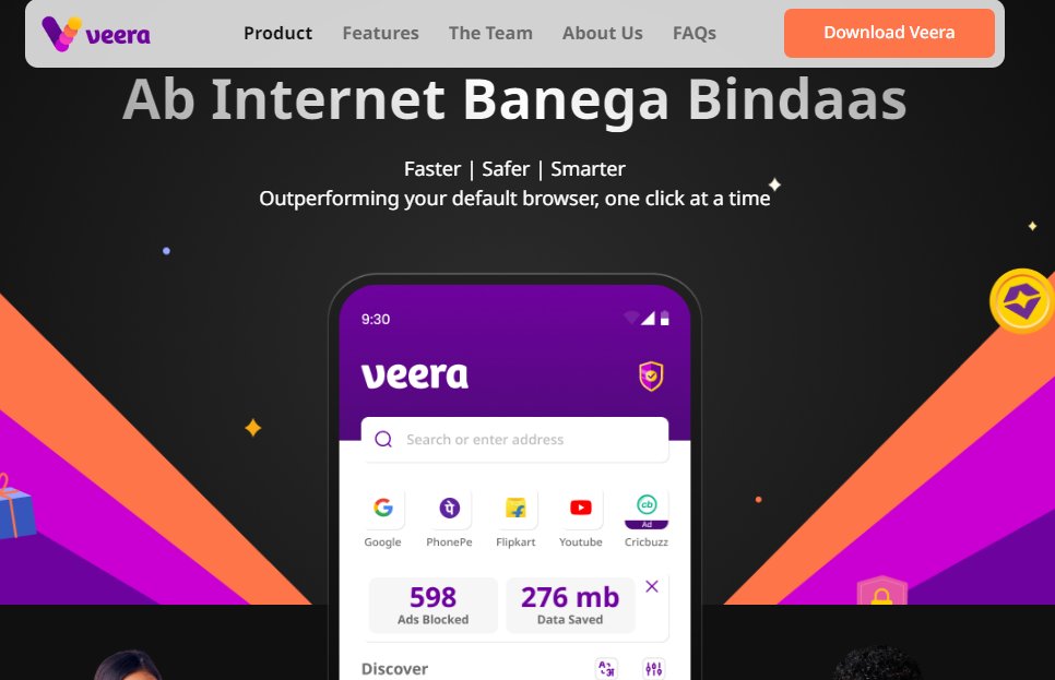 Veera is India's first mobile-focused browser that brings everything desktop browsers have (and more) but optimized for a mobile experience.