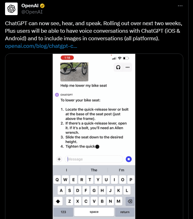 OpenAI rolls out voice conversations with ChatGPT (iOS & Android) and to include images in conversations (all platforms) - Meta's AI.